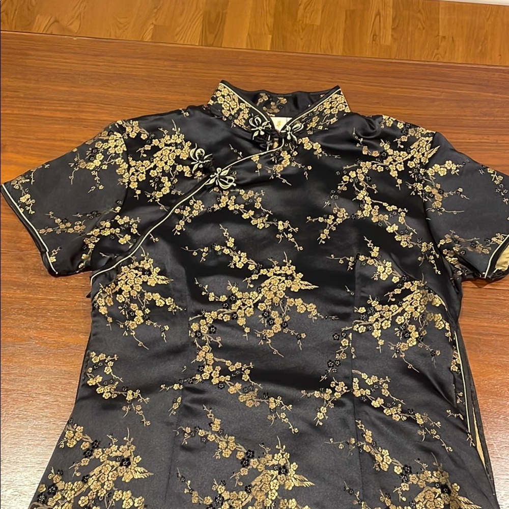 Cheongsam Floor Length Dress Mandarin Collar Side Slits Floral Pattern